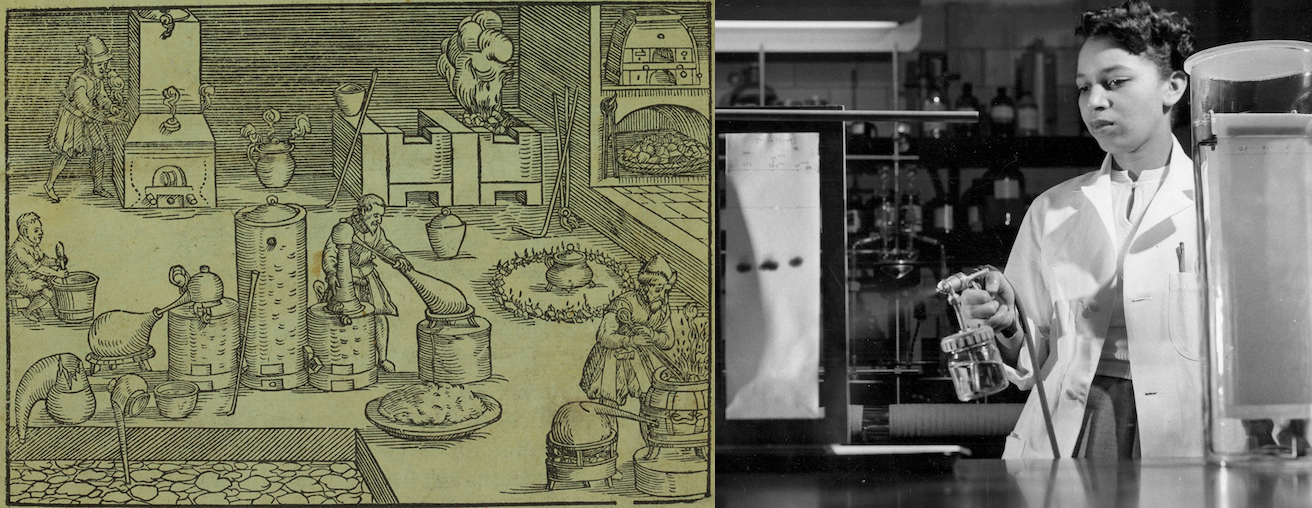 Рис. 1.2. Слева — алхимическая мастерская около 1580 года; справа — Алма Левант Хейден за работой в лаборатории в 1952 году.