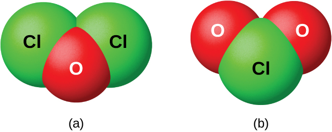 Рис. 18.49. Объёмные модели молекул (a) \(\ce{Cl2O}\) и (b) \(\ce{ClO2}\).